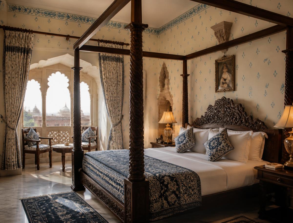 Indigo heritage suite with carved four-poster bed